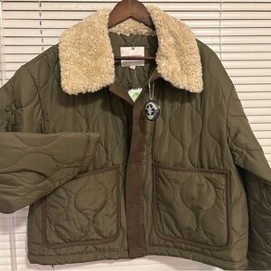 Lucky  Brand Womens Quitted Jacket New L Olive Green Long Sleeve Sherpa Collar